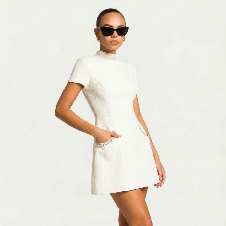 Classic women's pearl trim mini dress, short sleeve design, offering elegant style for cocktail or evening wear.