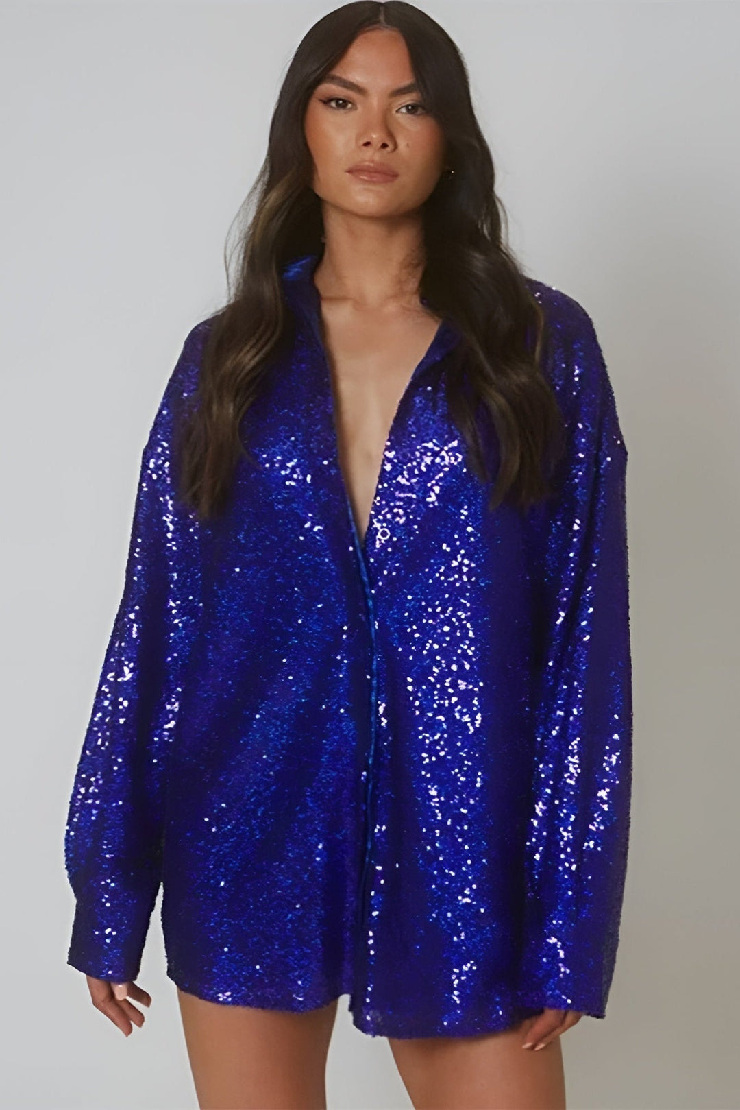 Versatile women's dazzling shimmer mini dress, featuring a chic button-front and long sleeves.