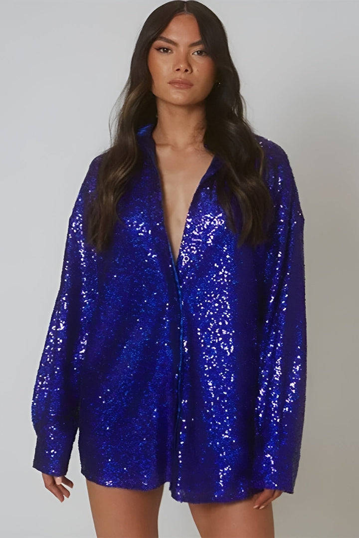 Versatile women's dazzling shimmer mini dress, featuring a chic button-front and long sleeves.