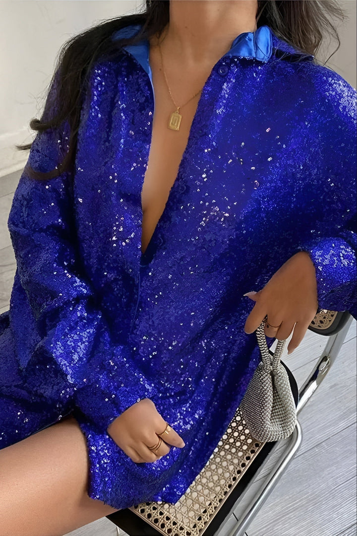 Statement women's glittering long sleeve mini dress, button-front style, ideal for evening parties.