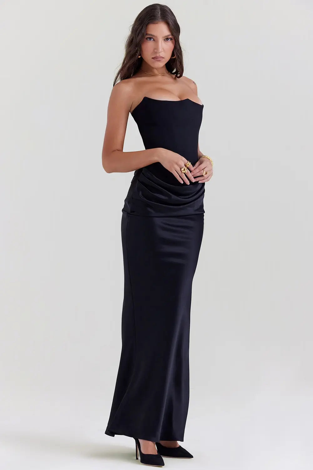 Chic women's strapless evening gown, ideal for wedding guests and special occasions.