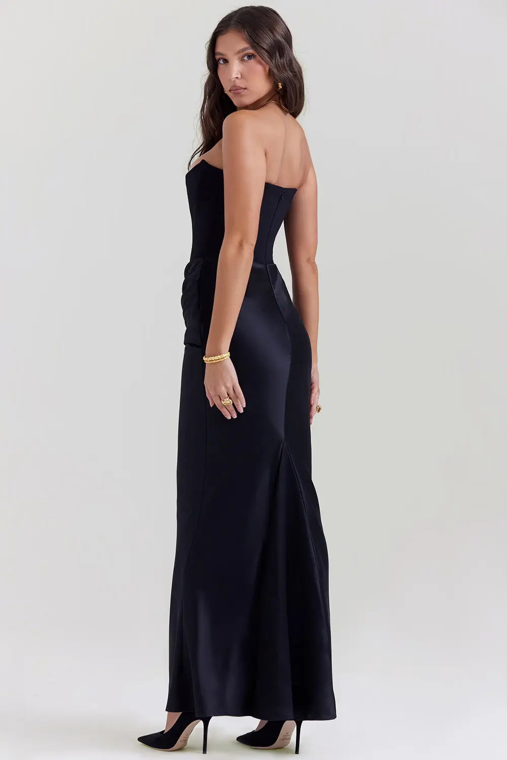 Women's elegant strapless maxi dress with a flattering corset bodice design.