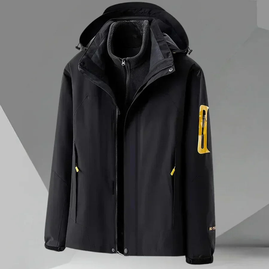 Spring/fall men's hooded rain jacket. Lightweight, color block design for stylish transitional outerwear and casual protection.