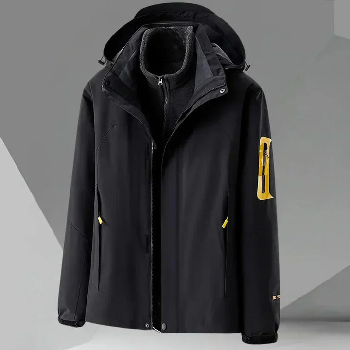 Spring/fall men's hooded rain jacket. Lightweight, color block design for stylish transitional outerwear and casual protection.