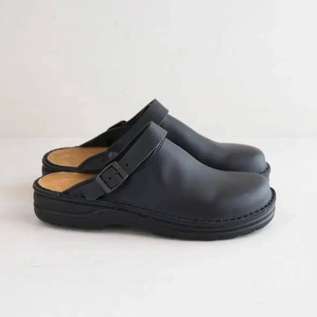 Versatile men's buckle strap clogs, perfect as slip-on house shoes or stylish casual outdoor footwear.