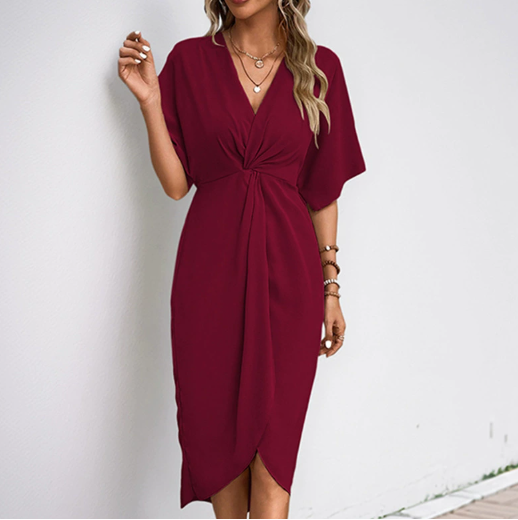 Flattering women's V-neck wrap midi dress, perfect for elegant and versatile occasions.
