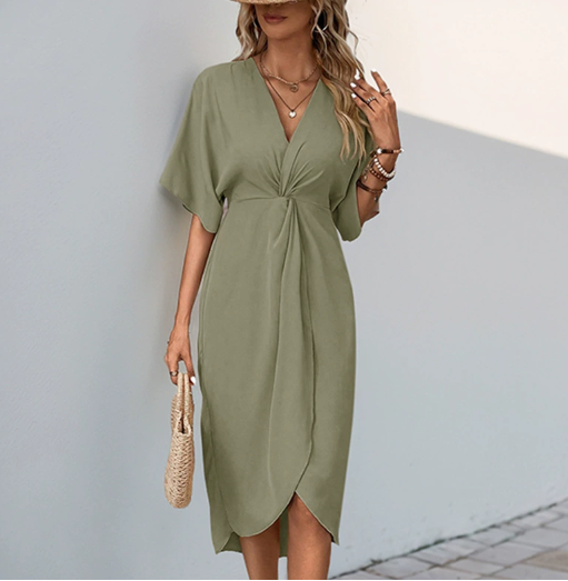 Elegant women's V-neck wrap midi dress, flattering style for versatile fashion.