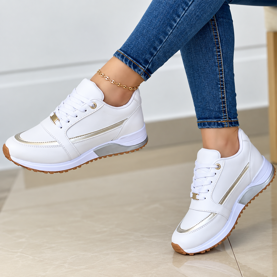 Trendy black women's walking shoes with lace-up design, metallic details, offering comfort and style for daily use.