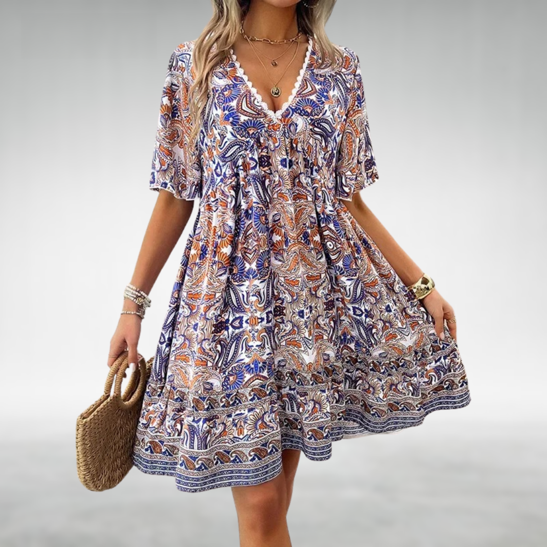 Stylish women's V-neck bohemian summer dress, ideal for festivals, beach days, or a comfortable vacation outfit.