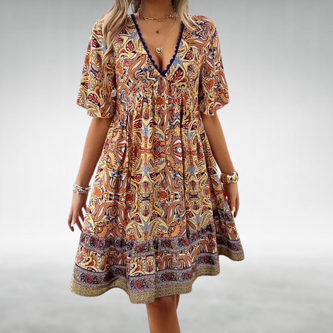 Casual women's flowy bohemian summer dress with V-neck, suitable for beachwear, festivals, or everyday stylish wear.
