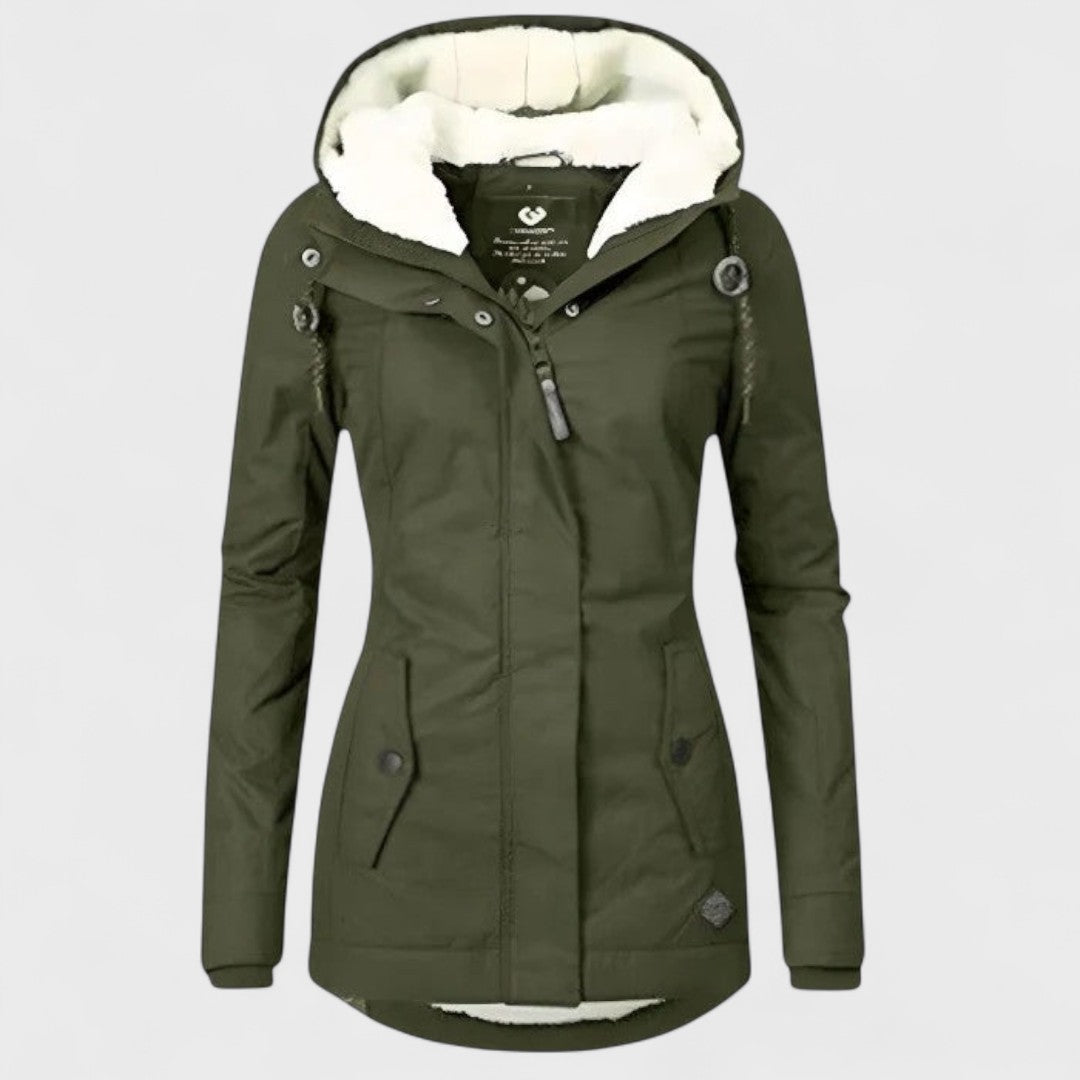 Cozy ladies' waterproof winter jacket with an elegant design and hood, offering warmth for cold weather.