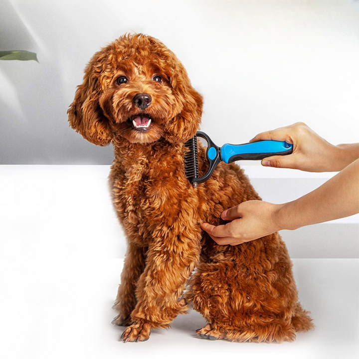 Dual-action pet grooming brush for dogs & cats, detangling and massaging for healthy, shiny coats.