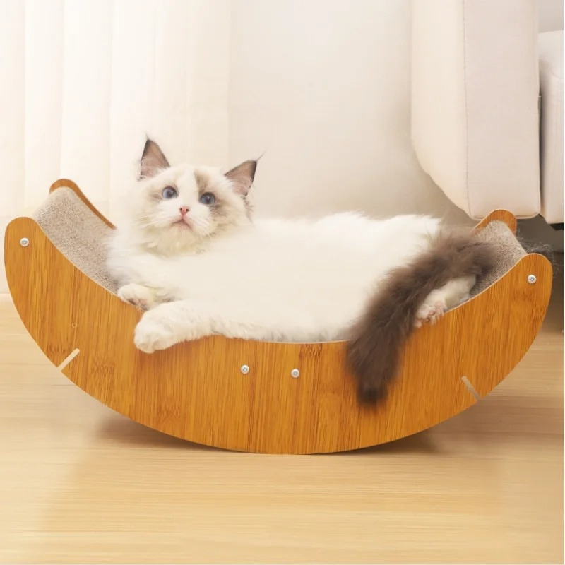 Luxury cat scratcher lounge with durable corrugated cardboard, perfect for feline play and comfortable napping. Protects furniture.