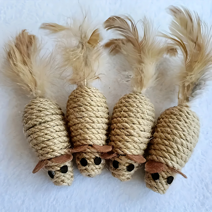 Interactive feather mouse cat toy set for stimulating feline instincts, perfect for kitten play & indoor cat exercise.