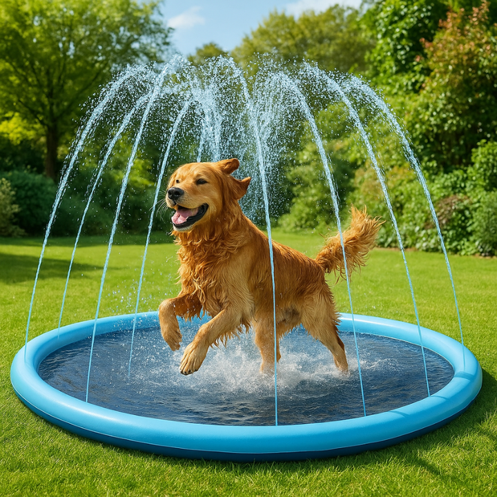 Dog's durable cooling splash pad with sprinklers for backyard summer water fun, keeping pets cool & entertained.