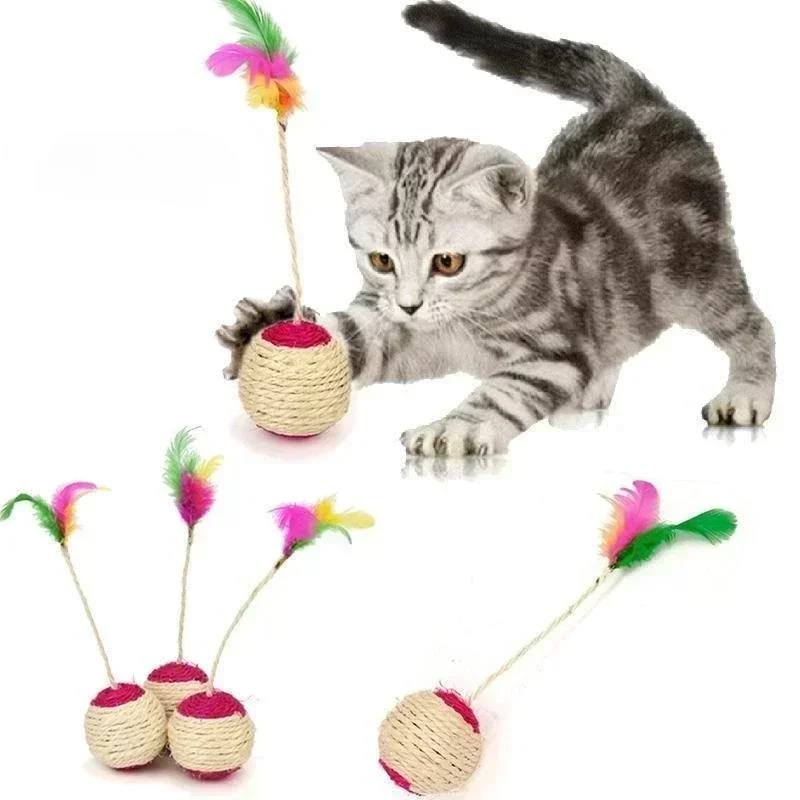 5-pack interactive cat sisal ball toys with real feathers. Durable scratch & play feline accessory for kittens & cats.