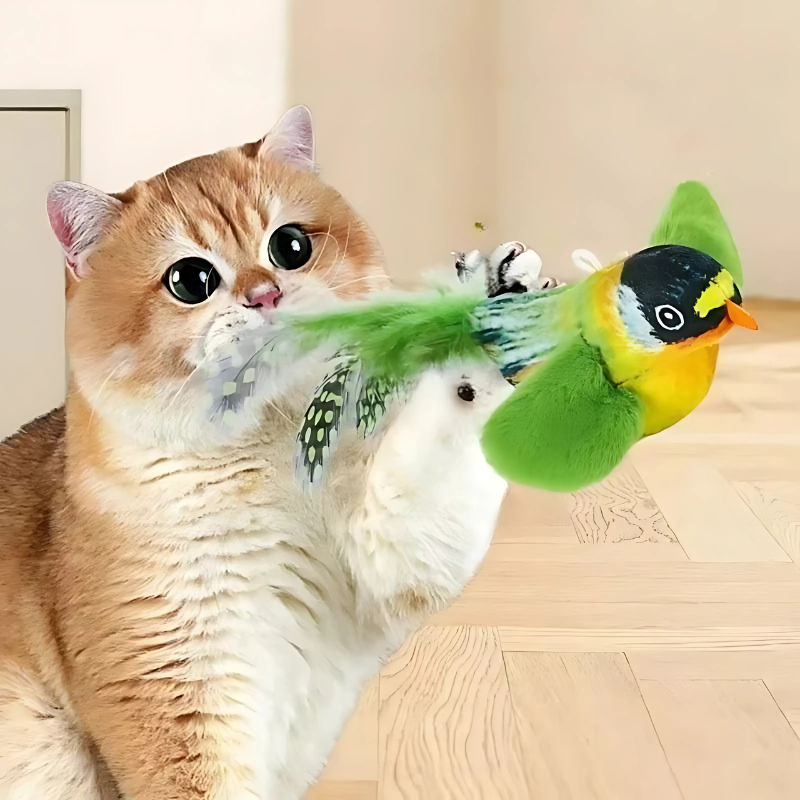Interactive bird toy set for cats with plush feathers & sound, promoting active play & enrichment.