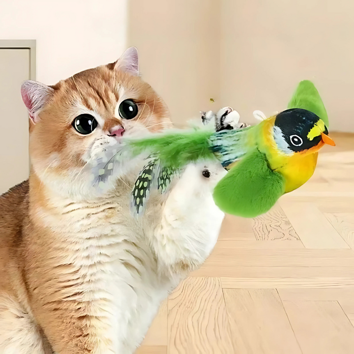 Interactive bird toy set for cats with plush feathers & sound, promoting active play & enrichment.