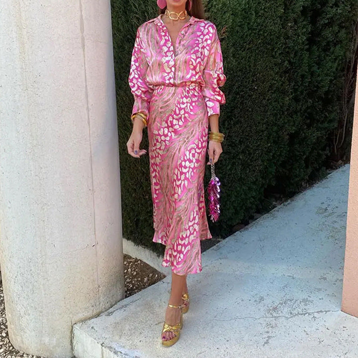 Chic women's printed satin long-sleeve two-piece set, a versatile loungewear and elegant fashion statement.
