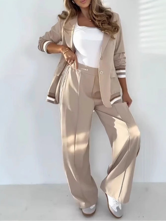 Women's sporty tailored blazer & wide-leg pants co-ord set. Business casual, comfortable style.