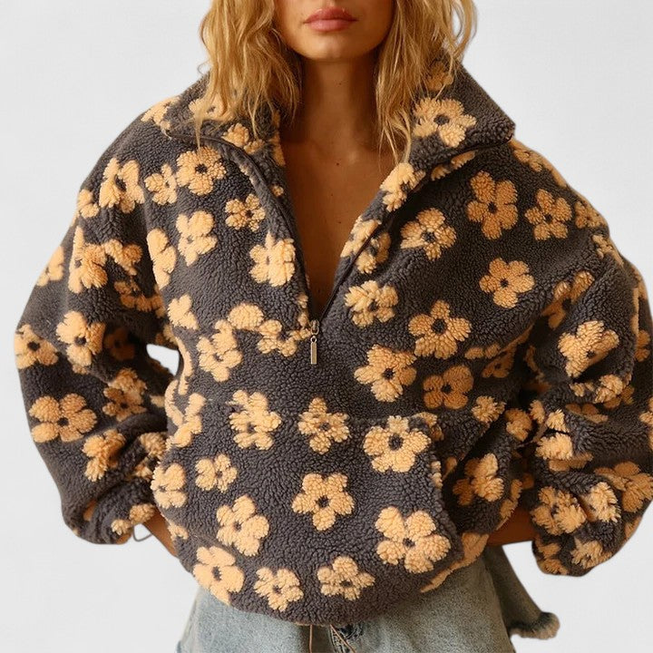 Women's sophisticated floral half-zip jumper with long sleeves, perfect for casual fall fashion.