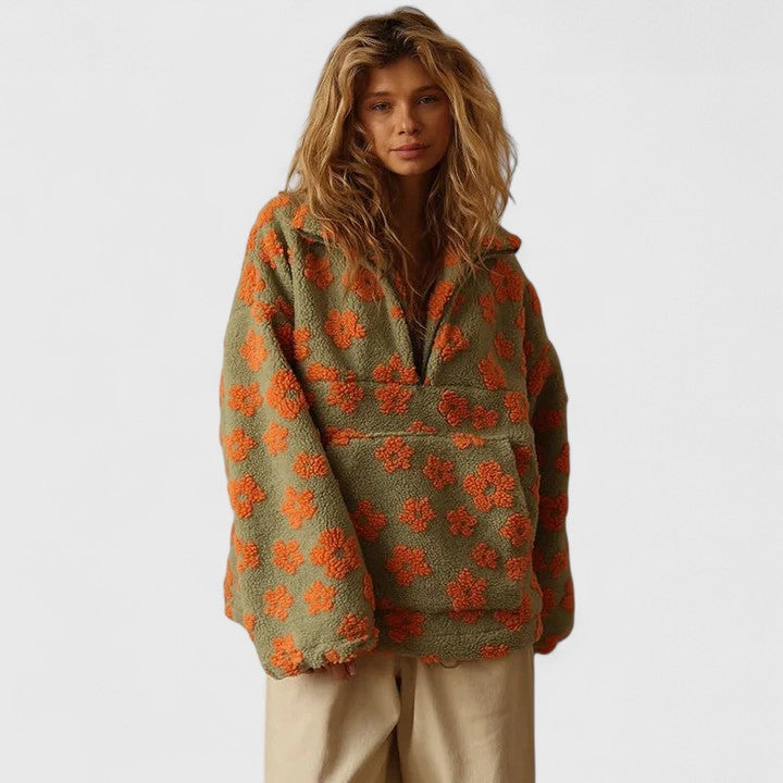 Everyday fashion women's long-sleeve sweater, a vibrant floral half-zip top with a relaxed fit.