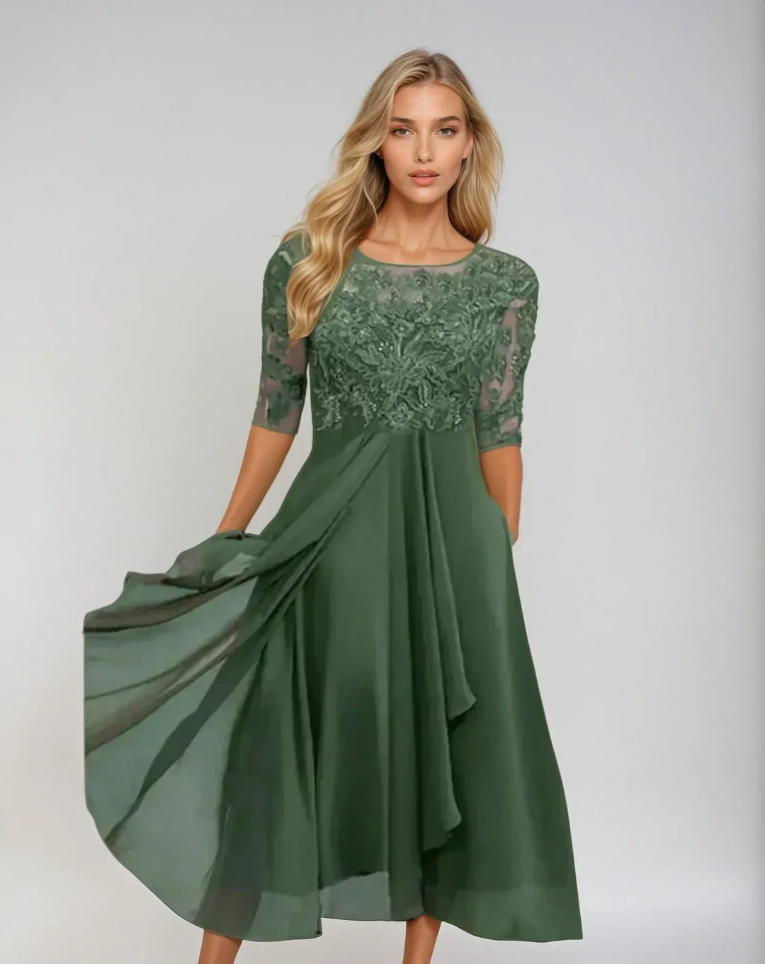 Chic women's elegant floral lace midi dress, a sophisticated three-quarter sleeve design for parties.