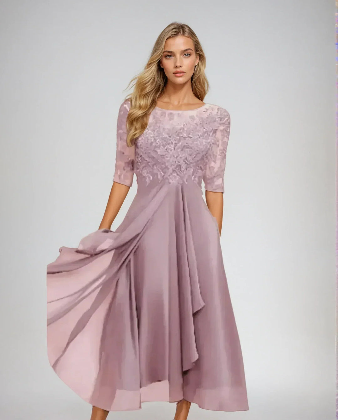 Sophisticated women's floral lace midi dress, an elegant choice for occasion wear & evening parties.