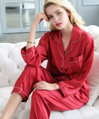 Comfortable women's satin pajama set, offering a relaxed fit and soft feel for luxurious home wear.