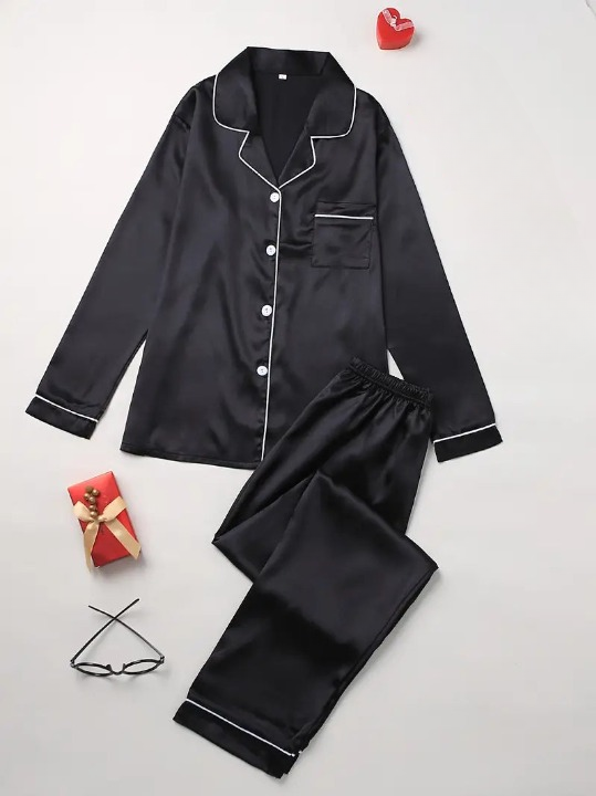 Women's luxury satin loungewear set, comfortable & stylish, perfect for home wear or elegant sleep.