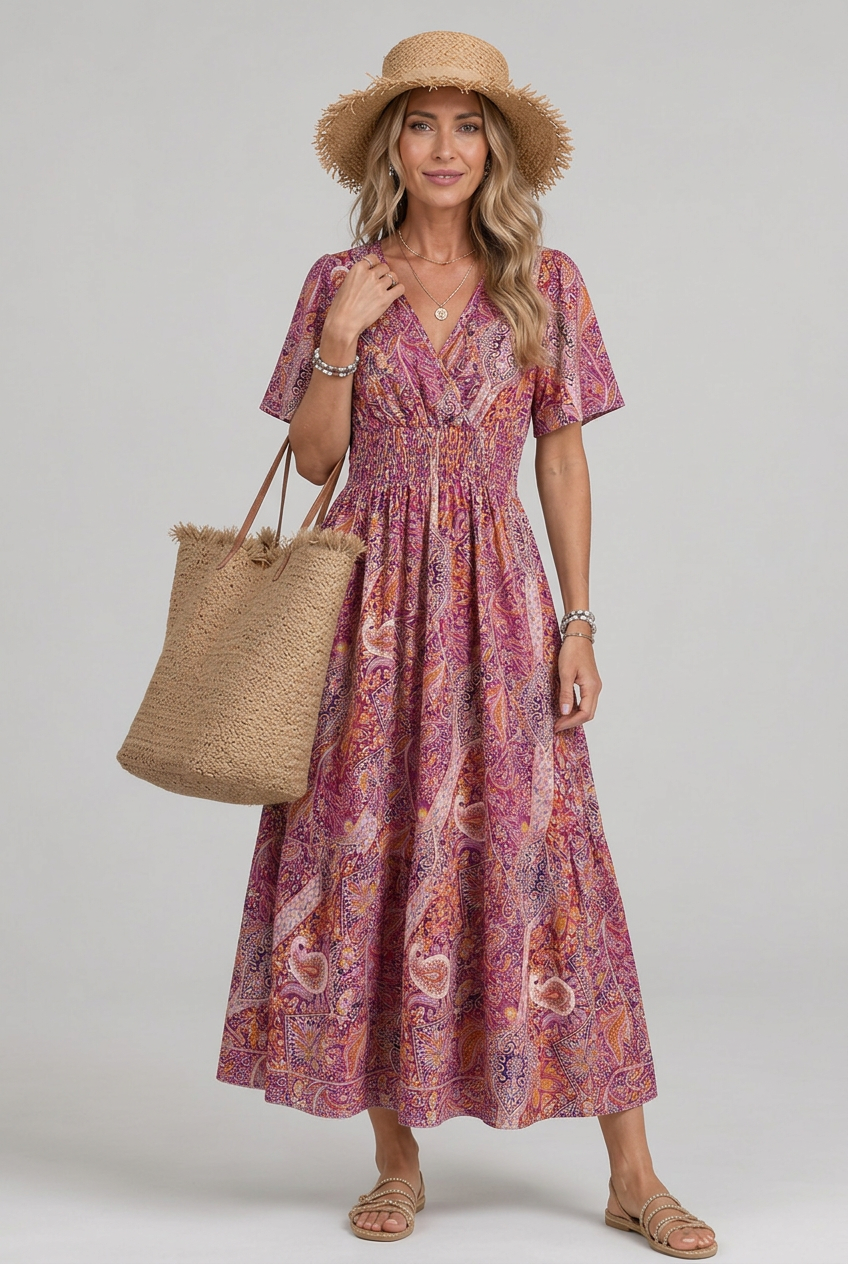 Bohemian paisley print maxi dress for women, featuring a flattering V-neck and smocked waist, perfect for summer.