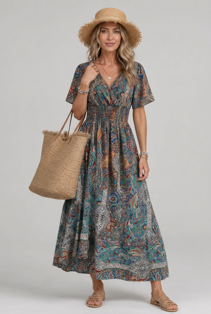 Stunning women's paisley print maxi dress with a stylish V-neck and smocked waist, embodying bohemian summer fashion.