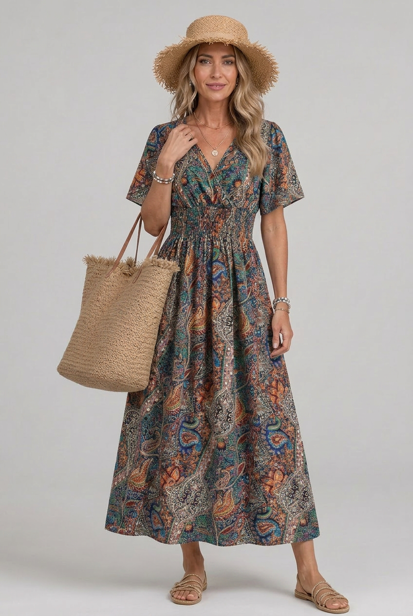 Versatile women's bohemian paisley maxi dress, V-neck, smocked waist, suitable for casual summer wear or elegant occasions.