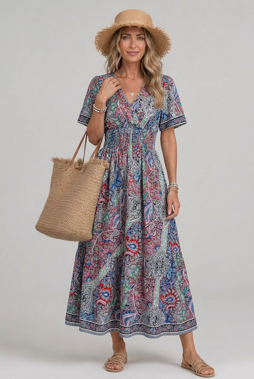 Chic women's flowy maxi dress featuring a vibrant paisley print, elegant V-neck, and comfortable smocked waist design.
