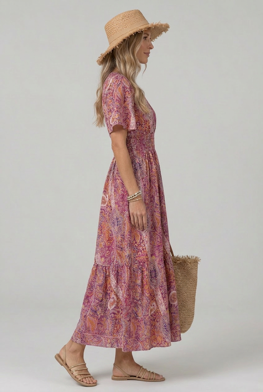 Comfortable women's plus size bohemian maxi dress with paisley print, V-neck, and smocked waist for a relaxed fit.