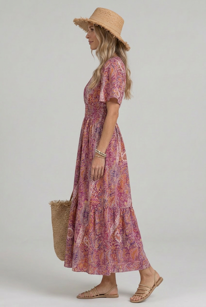 Elegant women's maxi dress with a vibrant paisley print, V-neck, and comfortable smocked waist, ideal for casual wear.
