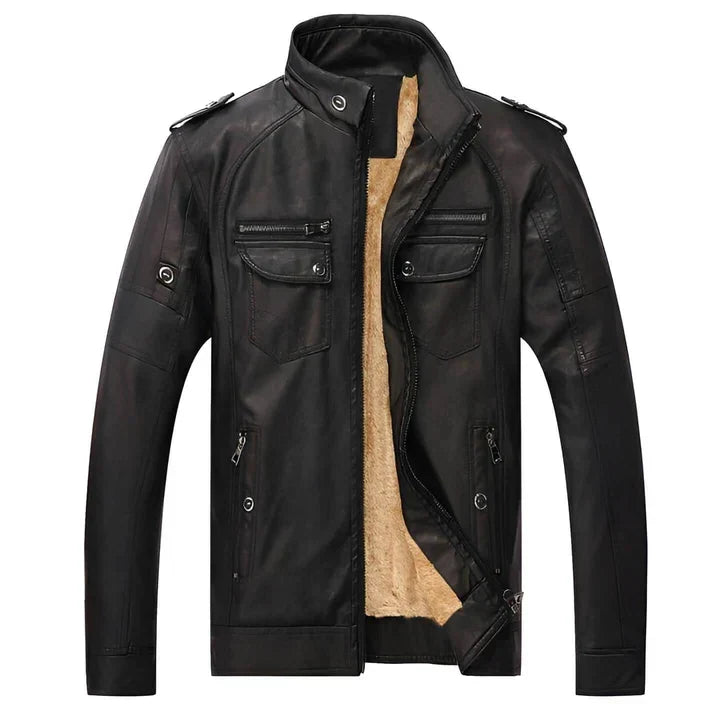 Men's black slim fit biker jacket with stand collar & full zip. Stylish & casual outerwear.