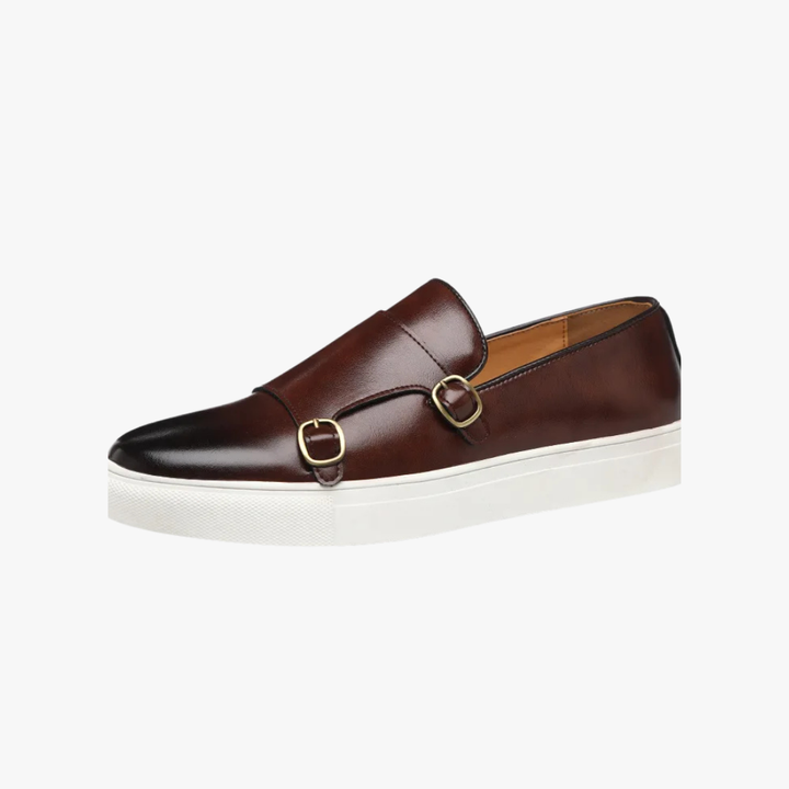 Elegant men's brown leather buckle loafers, perfect for sophisticated formal or casual wear.