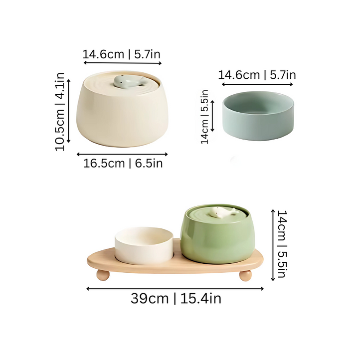 Elegant beige ceramic pet water fountain by Siporia for cats & dogs. Automatic dispenser with quiet, filtered water.