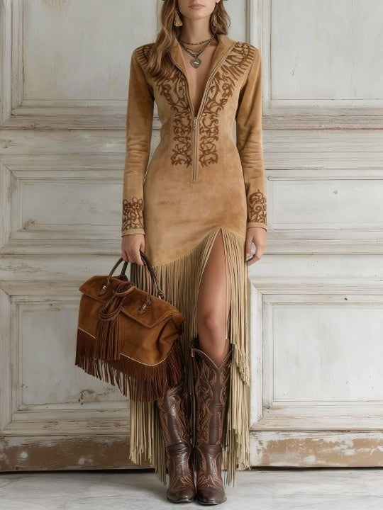Model wearing a dynamic women's embroidered fringe midi dress with a flattering V-neck for parties.