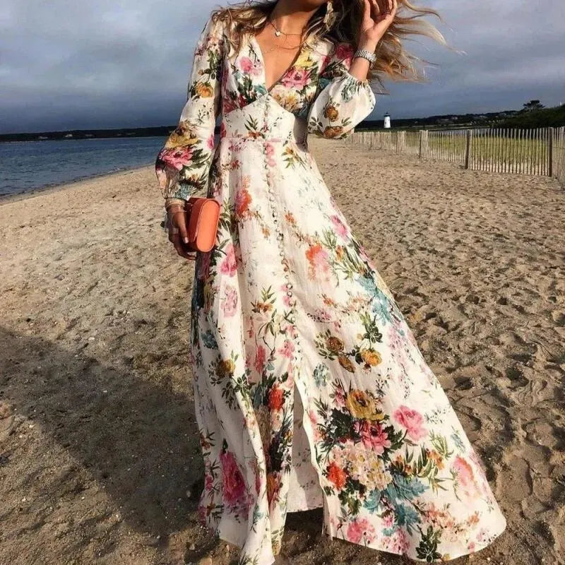 Women's white floral long sleeve V-neck boho maxi sundress, elegant for spring and summer casual wear.