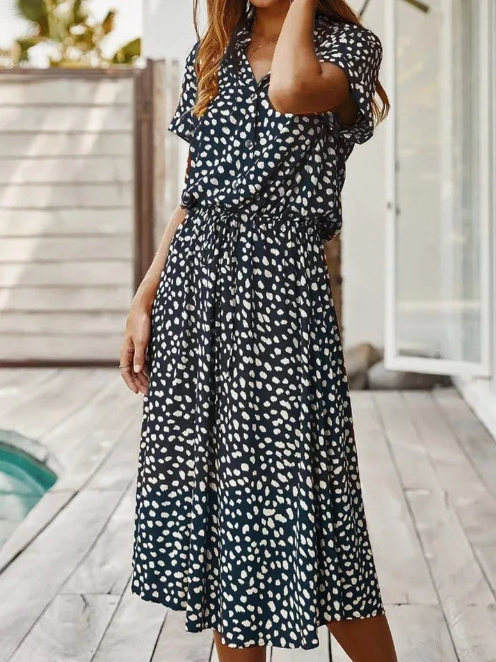 Chic polka dot short sleeve shirt dress for women, featuring a comfortable drawstring waist.