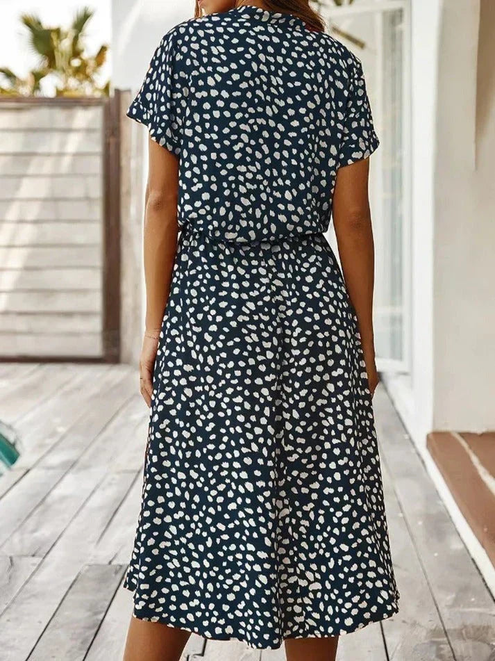 Women's short sleeve polka dot shirt dress. A comfortable and stylish spring-summer style.