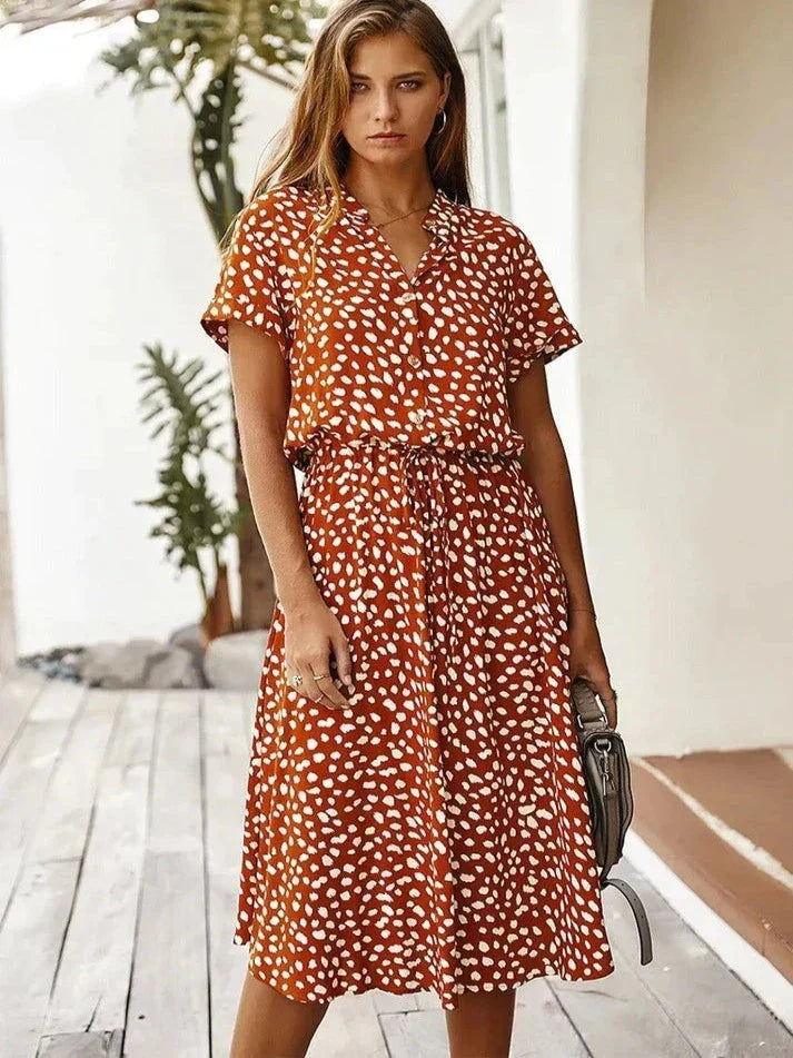 Women's polka dot short sleeve shirt dress, a stylish and easy-to-wear casual summer dress.