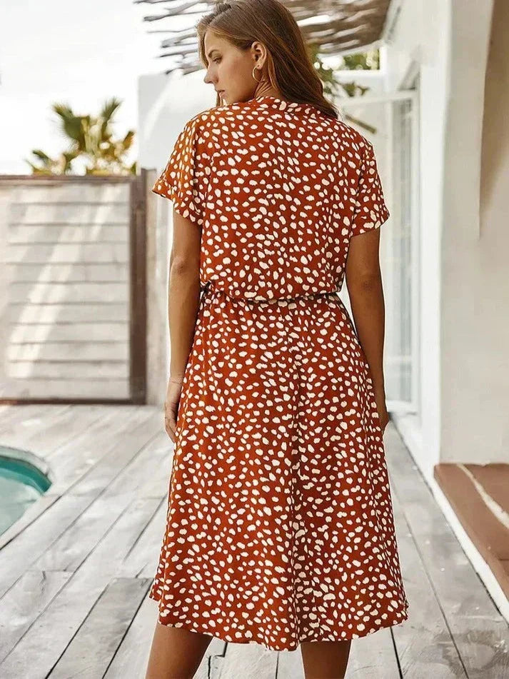 Elegant casual women's polka dot short sleeve shirt dress, great for everyday spring fashion.