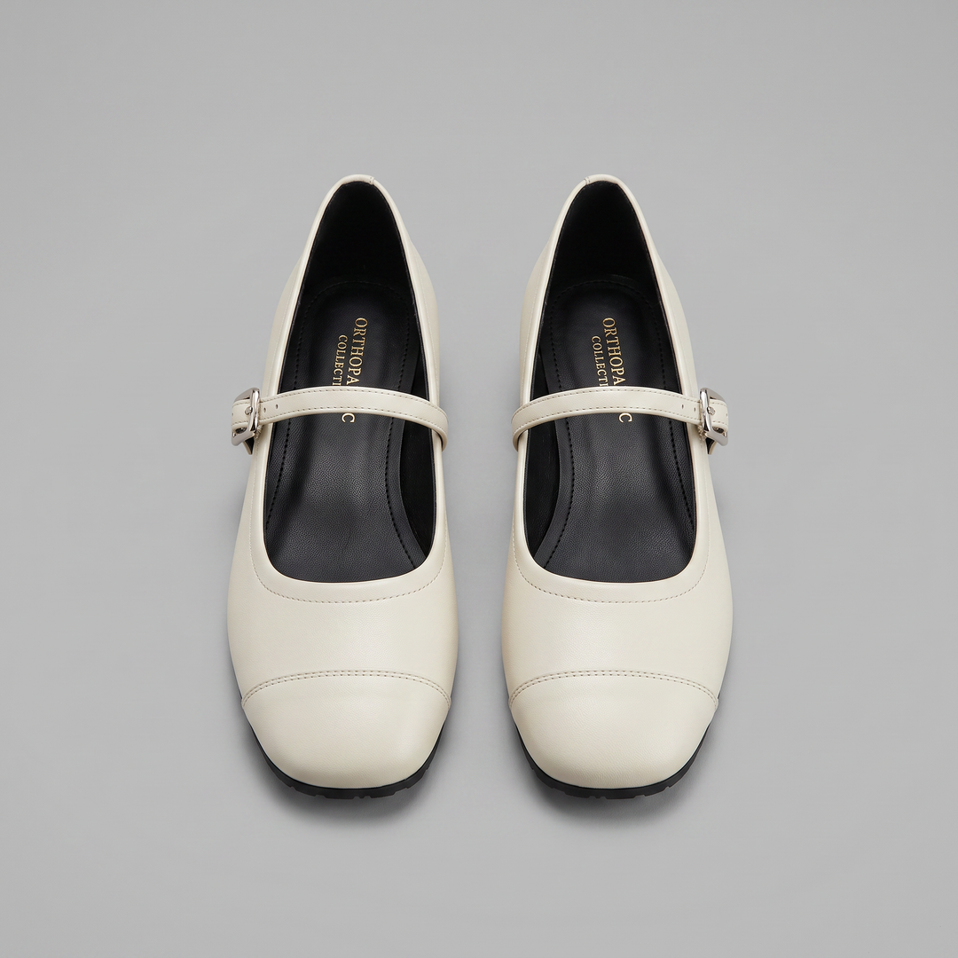 Women's orthopedic low-heel Mary Jane shoes with buckle strap, offering everyday comfort & classic style.