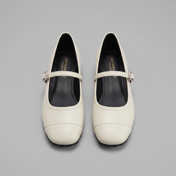 Women's orthopedic low-heel Mary Jane shoes with buckle strap, offering everyday comfort & classic style.