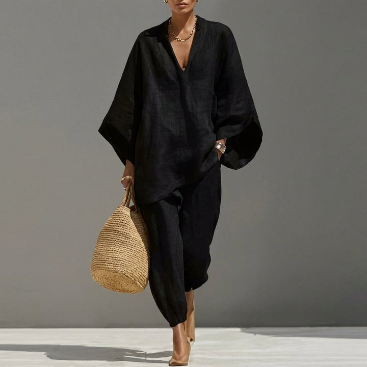 Breathable women's casual V-neck two-piece set, ideal for summer, offering comfy & versatile everyday wear.