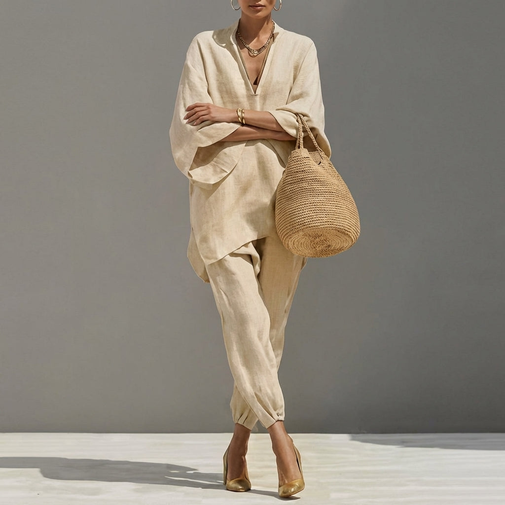 Versatile women's V-neck top & wide-leg pants two-piece set, a chic casual outfit for summer fashion.