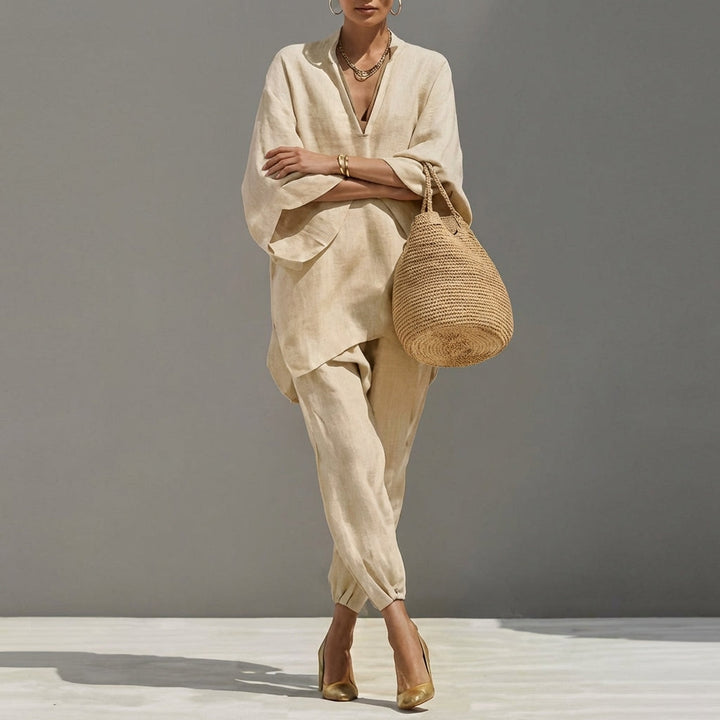 Versatile women's V-neck top & wide-leg pants two-piece set, a chic casual outfit for summer fashion.